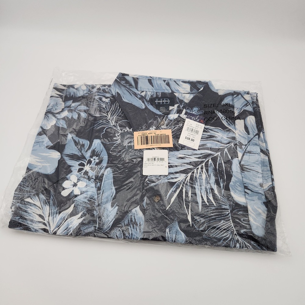 Harbor Bay Button Down Men 3XL Navy Blue Floral Palm Print Short Sleeve NWT